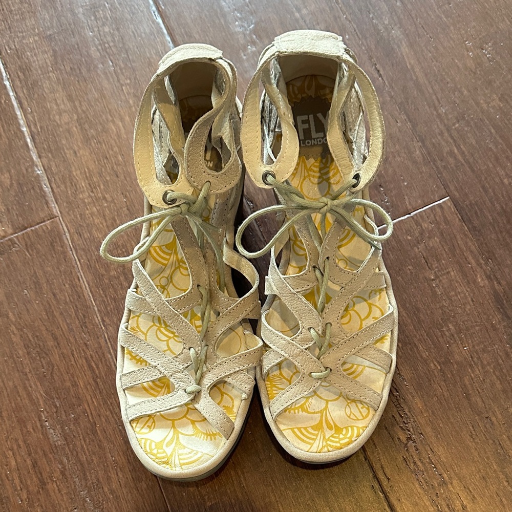 Fly London Women's Cream and Yellow Lace-Up Wedges